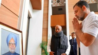 Rahul Gandhi Pays Tribute to Manmohan Singh, Shivraj Patil and Sriprakash Jaiswal at Indira Bhawan in Delhi (See Pics)