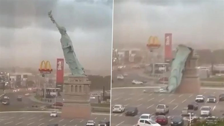 Brazil Storm: Powerful Winds Topple Statue of Liberty Replica Outside Havan Megastore in Guaiba, No Injuries Reported (Watch Video)