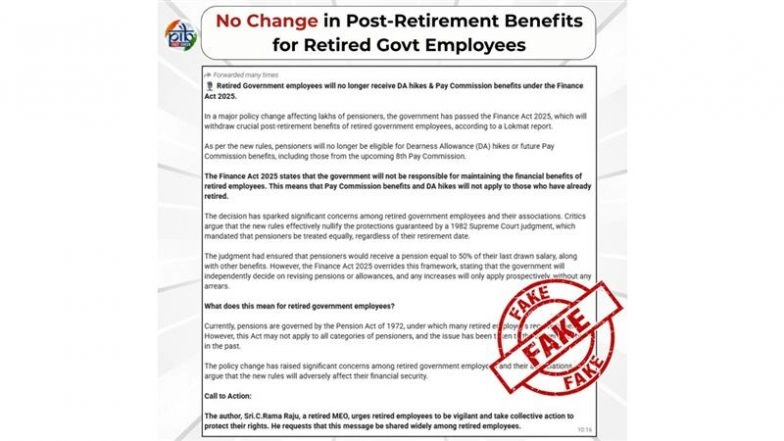 Will Retired Govt Employees Stop Getting DA Hike, Pay Commission Benefits Under Finance Act 2025? PIB Fact Check Debunks Fake WhatsApp Message