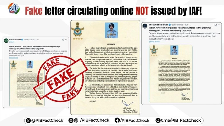 Did Air Chief Marshal AP Singh Praise Pakistan’s Capability and Enthusiasm? PIB Fact Check Debunks Fake Letter Circulated by Pakistani Propaganda Accounts