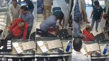 Kota: Businessman Collapses After Sudden Heart Attack in Rajasthan, Showroom Owner’s Timely CPR Saves His Life; Video Surfaces