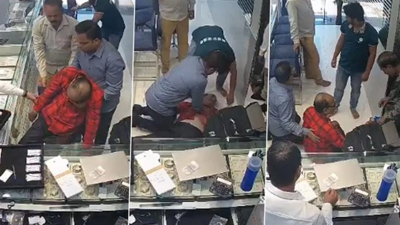 Kota: Businessman Collapses After Sudden Heart Attack in Rajasthan, Showroom Owner’s Timely CPR Saves His Life; Video Surfaces
