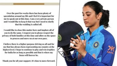 Smriti Mandhana Calls Off Wedding With Palash Muchhal, India Ace Batter Issues Statement On Social Media (See Post))