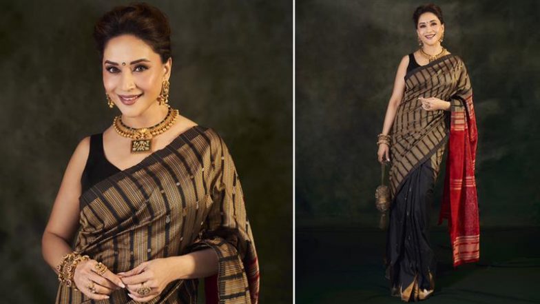 Madhuri Dixit Stuns in Her Sonepuri Silk Saree, Carries ‘Quiet Grace on Every Fold’ (See Pics)