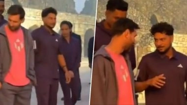 Kuldeep Yadav Shoots for Commercial With Lionel Messi; Indian Cricketer Seen Gesturing About Height In Viral Clip With Argentina Football Icon (Watch Video)