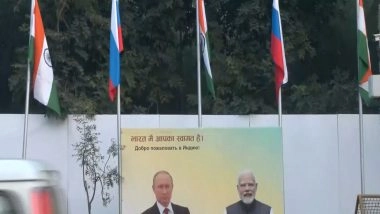 India News | Flex Boards, Flags Welcoming Russian President Vladimir Putin Installed Outside ITC Maurya Ahead of 23rd India-Russia Annual Summit