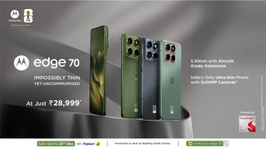 Business News | Motorola Launches Edge 70 in India: Ultra-thin Design, Three 50MP Cameras, Up to 40+ Hrs Battery, Military-grade Durability at Rs. 28,999*