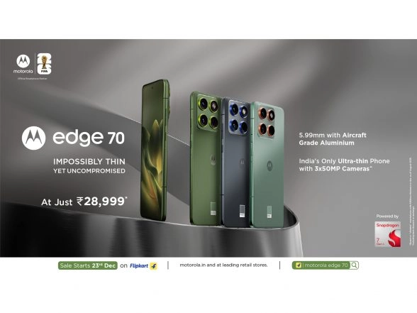Business News | Motorola Launches Edge 70 in India: Ultra-thin Design, Three 50MP Cameras, Up to 40+ Hrs Battery, Military-grade Durability at Rs. 28,999*