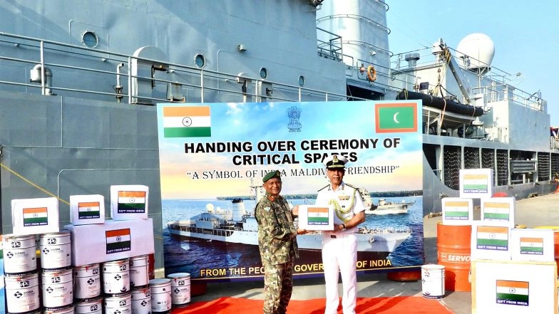 World News | Deputy Chief of Naval Staff of Indian Navy Hands over Operational Spares for MNDF Coast Guard Ship Huravee to Maldives CDF