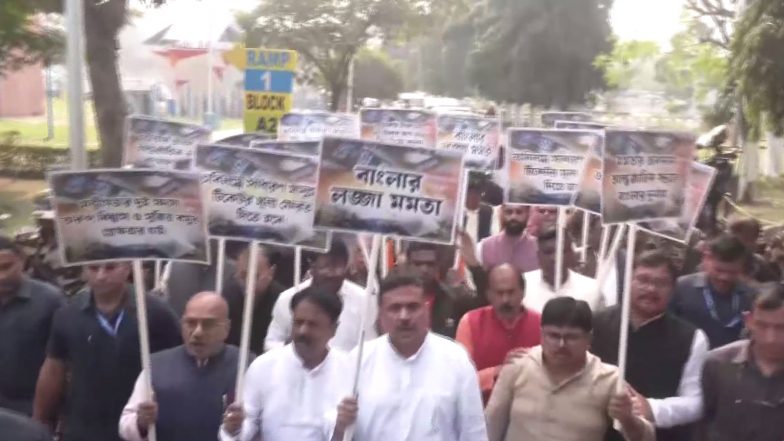 India News | Suvendu Adhikari, BJP Protest in Kolkata over Messi Event Mismanagement; Demands CM Resignation, Aroop Biswas' Custody