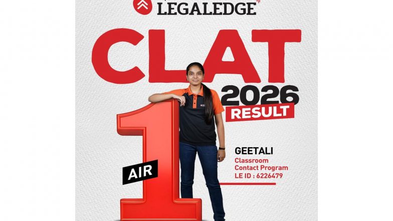 Business News | CLAT 2026: Geetali Gupta from 'Toprankers-Legal Edge' Claims AIR 1 in CLAT 2026; Institute Bags 1, 2 & 3 Once Again