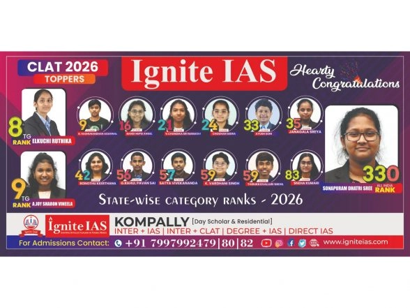 Business News | Ignite IAS Shines with Top CLAT 2026 Ranks Across Telangana, Reaffirms Its Position as a National Leader in Integrated Civil Services and Law Education