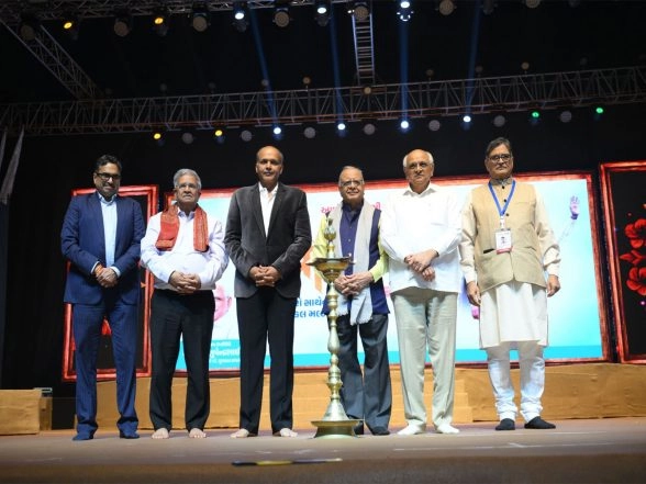 Business News | Gujarat CM Bhupendrabhai Patel, Cabinet Ministers, Kanubhai Desai, Jitubhai Vaghani, and Filmmaker Ashutosh Gowariker, Grace Namotsav at Sanskardham