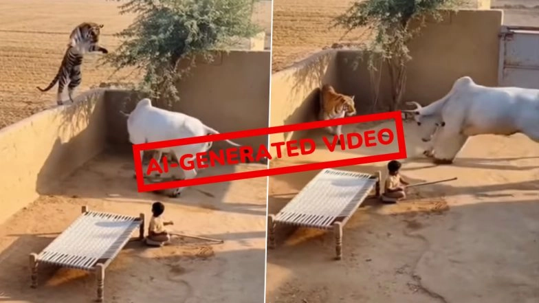 Is the 'Cow Saving Child from Tiger Attack' Video Real or Fake? Fact Check Reveals Viral Reel Is AI-Generated
