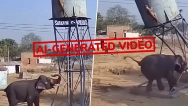 Did an Elephant Bring Down Water Tank While Chasing Leopard in a Village in India? Fact Check Reveals Viral Reel Is AI-Generated Video