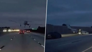 Florida Plane Crash: Small Plane Crashes Into a Car While Attempting Emergency Landing on Interstate 95 in Brevard County, Driver Injured; Pilot and Passenger Safe (See Pic and Video)