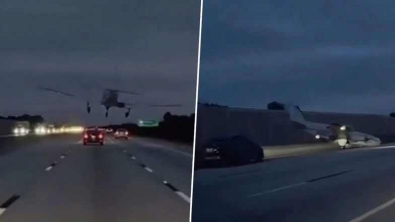 Florida Plane Crash: Small Plane Crashes Into a Car While Attempting Emergency Landing on Interstate 95 in Brevard County, Driver Injured; Pilot and Passenger Safe (See Pic and Video)