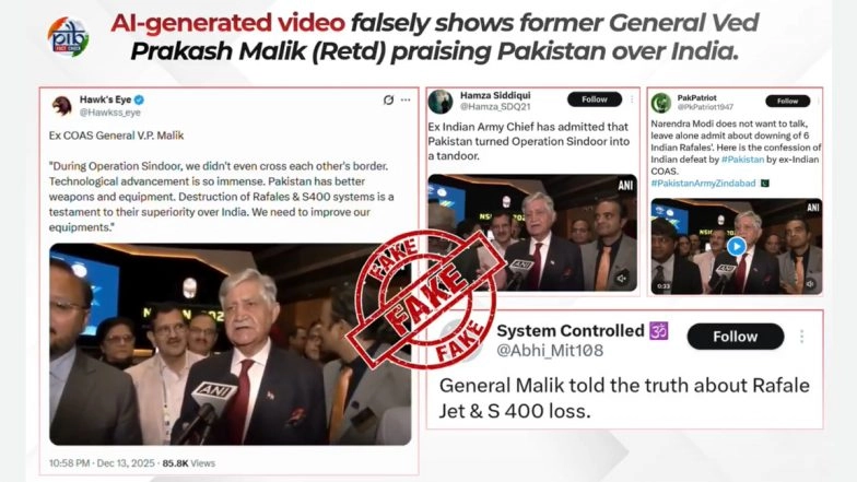 Did Former Indian Army Chief General Ved Prakash Malik Praise Pakistan and Admit Destruction of Rafale Fighter Jets and S-400 Systems? Viral Video Is AI-Generated, Reveals Fact Check