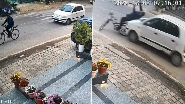 Gurugram Hit-and-Run: Man Cycling in DLF Phase 2 Dies After Being Hit by Speeding Car in Haryana, Driver Flees Spot; Disturbing Video Surfaces