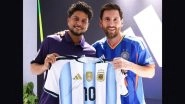 Kuldeep Yadav, Indian Cricketer, Receives Signed Argentina Football Jersey From Football Legend Lionel Messi Following GOAT Tour 2025 of India