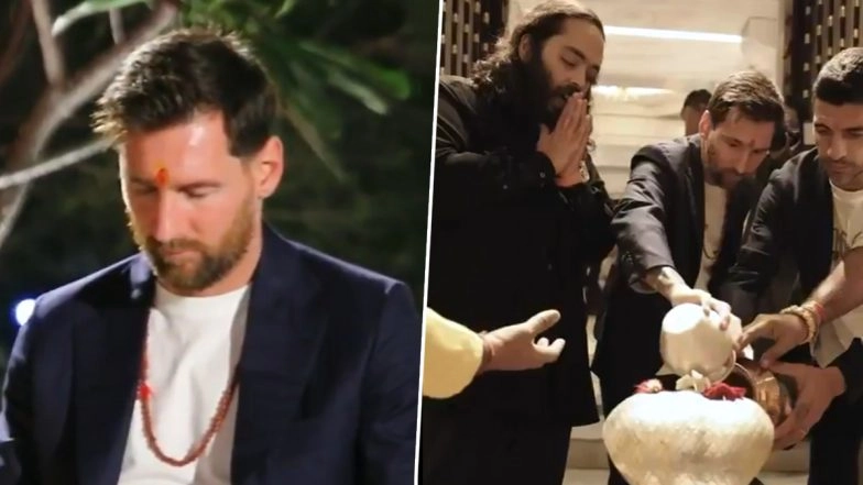 Lionel Messi, Luis Suarez, Rodrigo de Paul Chant 'Om Namah Shivay' During Anant Ambani's Vantara Tour, Star Argentina Footballer Offer Milk to Shivling (Watch Video)