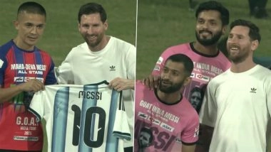 Lionel Messi Meets Sunil Chhetri: Argentina and Indian Football Legends Catch Up During Inter Miami Star's GOAT Tour at Wankhede Stadium in Mumbai (Watch Video)