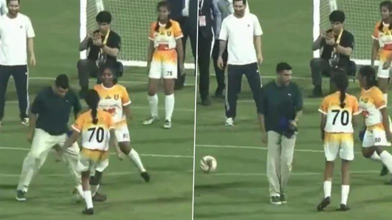 'Thank God He Didn't Bite Her' Fans Share Funny Jokes After Young Female Indian Footballer Nutmegs Luis Suarez in Rondo During  Lionel Messi's GOAT Tour at Wankhede Stadium in Mumbai (Watch Video)