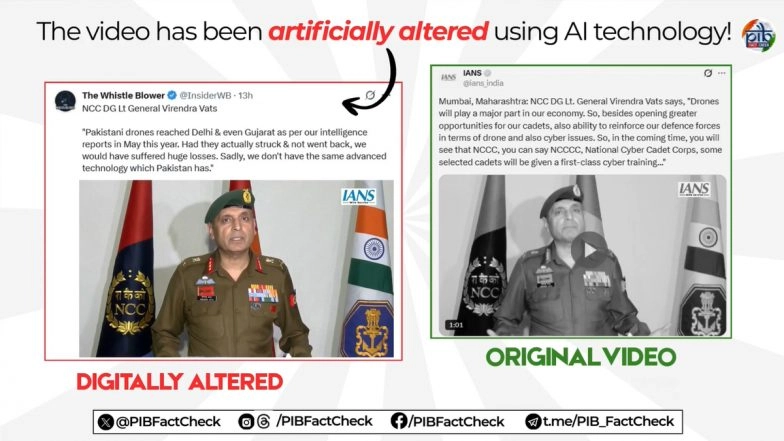 Did NCC DG Lt General Virendra Vats Say That Pakistani Drones Reached Delhi and Gujarat in May? PIB Fact Check Debunks AI-Generated Fake Video Going Viral on Social Media