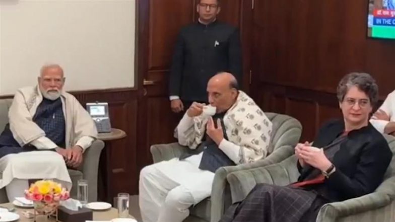 Priyanka Gandhi Shares Tea With PM Modi and Rajnath Singh in Om Birla’s Chamber, Rare Moment Sparks Discussions (Watch Video)