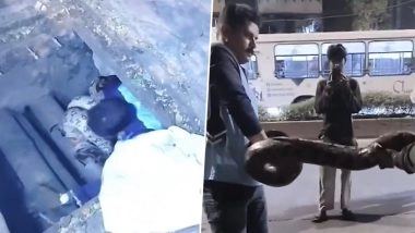Snake Rescue in Mumbai: Police Constable Sachin More Rescues 9-Foot-Long Python in Dharavi After Reptile Found During Wire Repair Work Inside Internet Duct, Video Goes Viral