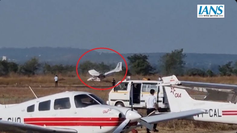 Aircraft Crash in Madhya Pradesh: Trainee Aircraft Skids off Dhana Airstrip, Pilot Escapes Unhurt (Watch Video)