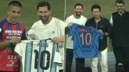 Lionel Messi Visits Mumbai For GOAT Tour 2025; Star Footballer Gifts Signed Argentina Jersey to Sunil Chhetri, Meets Sachin Tendulkar (Watch Video)