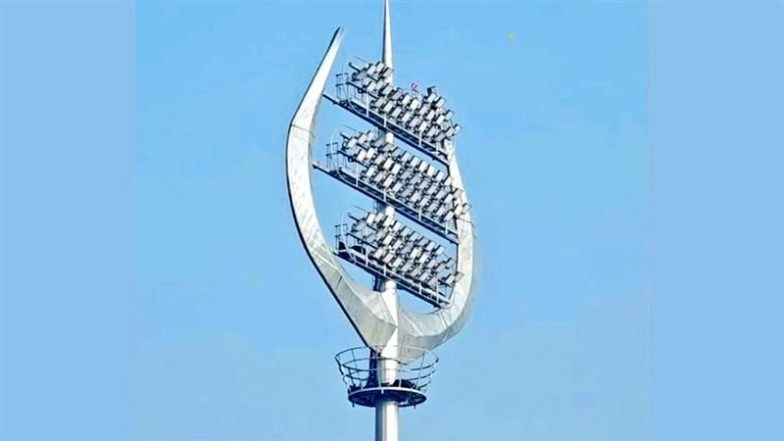 Trishul-Shaped Floodlights Installed in Under-Construction Cricket Stadium in Varanasi, Ground Design to Have More Symbols Associated to Lord Mahadev (Watch Video)