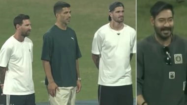 GOAT India Tour 2025: Ajay Devgn Meets Footballers Lionel Messi, Luis Suarez and Rodrigo De Paul in Mumbai (Watch Video)