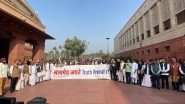 Congress MPs Protest Against Centre on Parliament Premises After Delhi Court Grants Relief to Sonia Gandhi and Rahul Gandhi in National Herald Case (Watch Video)
