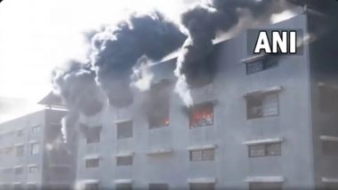 Gujarat Fire: Massive Blaze Engulfs Raj Textile Market in Surat, Firefighters on Spot (Watch Video)