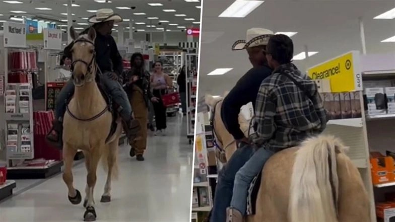 In a scene that appeared straight out of a modern Western, a man was seen riding a horse inside a Target store in the US. A video of the man taking his horse inside a Target store has gone viral on social media. Instagram user Stephen Harmon (@cowboyatheart82) shared the video on the platform.  👍 Horseback Inside Target: Horse Poops Inside Target Store as Man Rides Animal in Premises, Video Goes Viral.