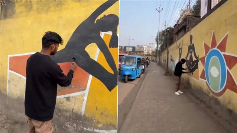 Vulgar Scratches on Women’s Yoga Art Shock Gwalior, Young Man’s Action Sends Powerful Message (Watch Video)