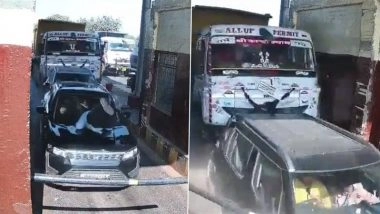 Jhansi Accident Caught on Camera: Truck Rams Cars At UP Toll Booth, Drags Employee For 50 Metres (Watch Video)