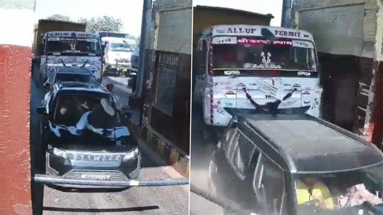 Jhansi Accident Caught on Camera: Truck Rams Cars At UP Toll Booth, Drags Employee For 50 Metres (Watch Video)