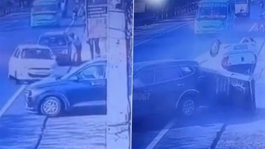 Hathras Accident Caught on Camera: 1 Killed, Several Injured as High-Speed Car Loses Control, Hits Another Vehicle in UP (Watch Video)