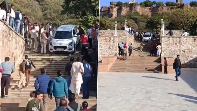 Google Maps Error in Jaipur: Car Follows Map, Drives Onto Birla Temple Steps in Rajasthan (Watch Video)