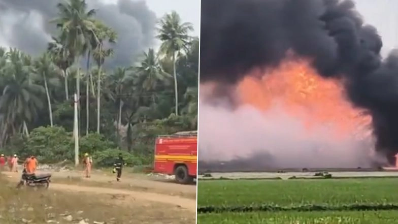 ONGC Gas Leak in Andhra Pradesh: Gas Leak, Massive Fire at Oil and Natural Gas Corporation Well Trigger Panic in Ambedkar Konaseema (Watch Videos)