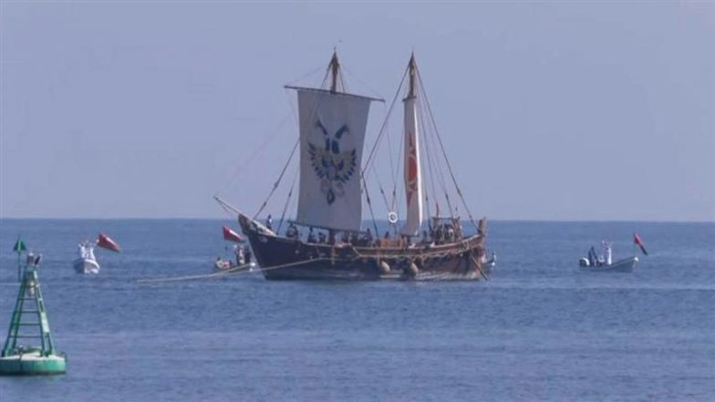 INSV ‘Kaundinya’ Reaches Muscat: Indian Navy's Stitched Sailing Vessel Successfully Concludes Historic 18-Day Voyage to Oman (See Pic)