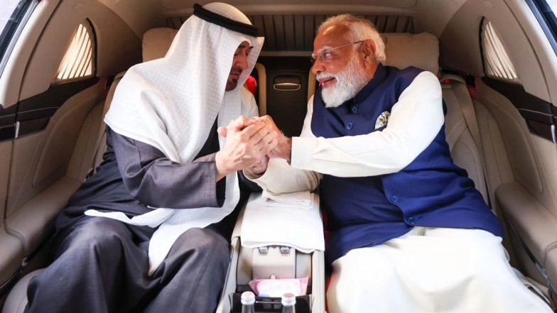 PM Narendra Modi Welcomes UAE President Sheikh Mohamed bin Zayed Al Nahyan at Delhi Airport, Hails Strong Friendship Between Both Nations (See Pics)