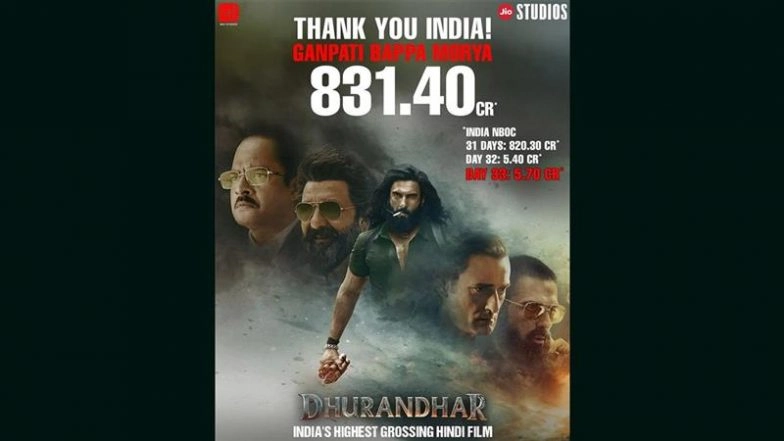 ‘Dhurandhar’ Box Office Collection: Becomes No.1 Highest-Grossing Hindi Film Ever at Indian Box Office, Ranveer Singh Spy Thriller Crosses INR 831 Crore Net (View Post)