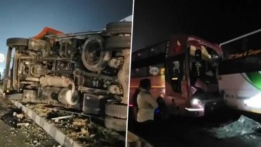 Tamil Nadu Highway Accident: 3 Omni Buses Collide After Lorry Overturns on Chennai-Trichy NH-45 in Kallakurichi (Watch Video)