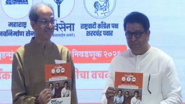 Shiv Sena UBT-MNS &lsquo;Vachan Nama&rsquo; for BMC Elections 2026: Uddhav Thackeray and Raj Thackeray Release Manifesto for Mumbai Polls, Slams BJP (See Pics and Video)