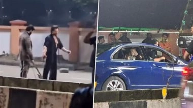&lsquo;Lag Jaa Gale&rsquo; BTS: Tiger Shroff and Janhvi Kapoor Spotted at Kharghar, Filming Car Sequence and Action Scene on Navi Mumbai Streets! Bollywood Stars Wave at Fans (Watch Videos)
