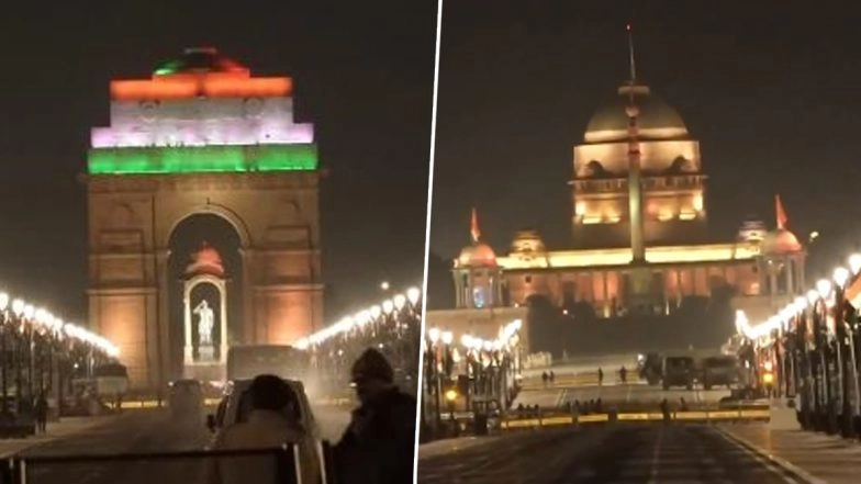 Republic Day 2026 Celebrations: India Gate and Rashtrapati Bhavan Lit Up as Delhi Gears Up for Grand Parade Marking '150 Years of Vande Mataram' (Watch Video)